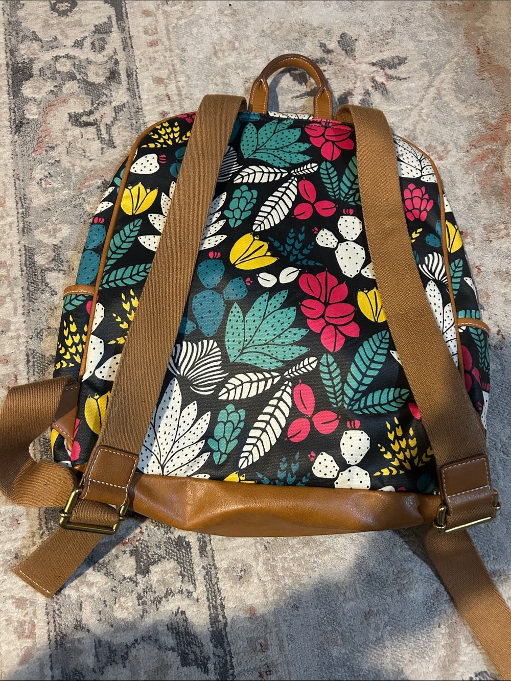 Fossil Black Floral Print Backpack with Pink, Yellow & Teal Accents - Picture 4 of 5